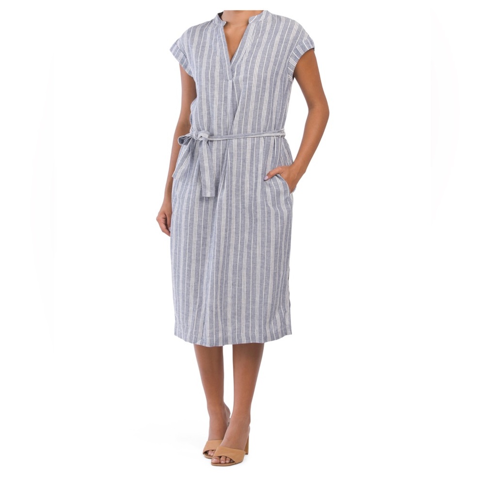 NWT Jones New York Linen Chambray Kendall Midi Striped Dress, Sizes 4 and 6